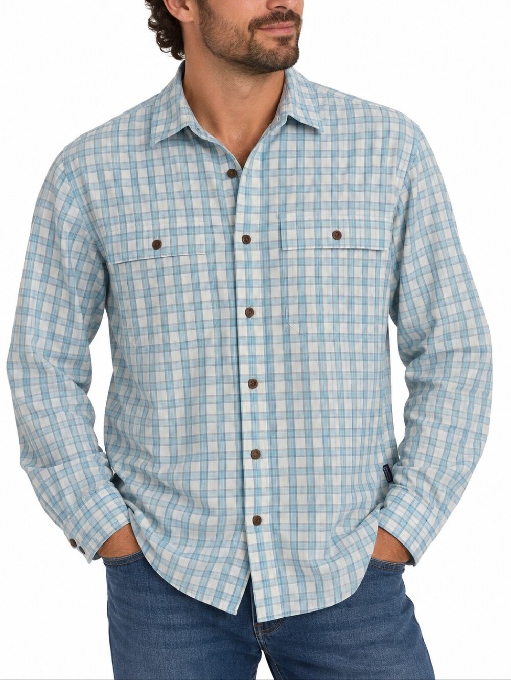 Patagonia Light Blue Plaid Button-Up Shirt Mens Large